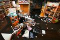 Products lie on the ground in a chemist after an earthquake.