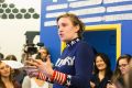  Lena Dunham speaks to a crowd at a Hillary Clinton campaign office in January.