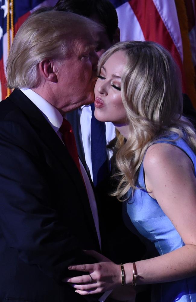 US President-elect Donald Trump greets daughter Tiffany after speaking at the New York Hilton Midtown in New York on November 8, 2016. Picture: AFP