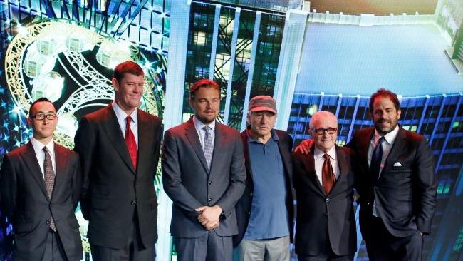 James Packer (second left) with Leonardo DiCaprio, Robert De Niro and Martin Scorsese launching his Macau casino in the glitzy style Sydney might expect with Barangaroo. Picture: Crown.