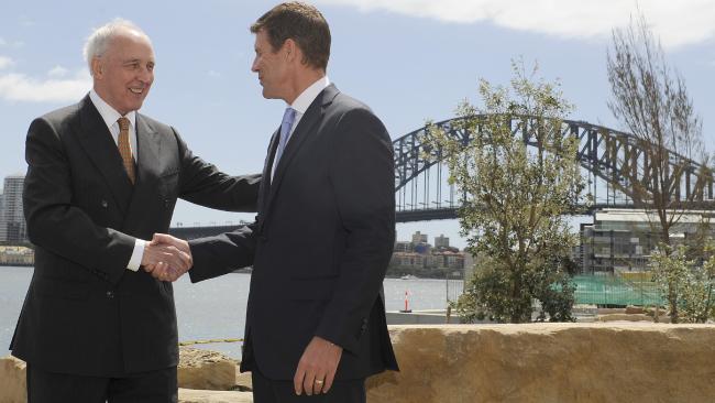 Former Prime Minister of Australia Paul Keating and NSW Premier Mike Baird at Barangaroo, rapidly becoming an exclusive enclave for foreign investors. Picture: Craig Wilson