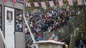 A float featuring a man in a bath parades past St Paul's Cathedral during the Lord Mayor's Show on November 12, 2016 in ...