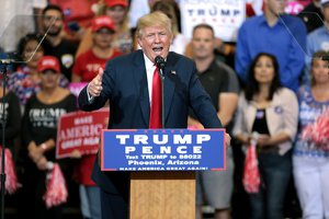 Donald Trump speaking with supporters at a campaign rally at the Phoenix Convention Center in Phoenix, Arizona, 29 October 2016