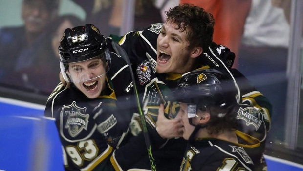 Marner, Tkachuk and Dvorak celebrate