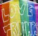 A rainbow-flag wearing demonstrator at a Trump protest in Los Angeles. 