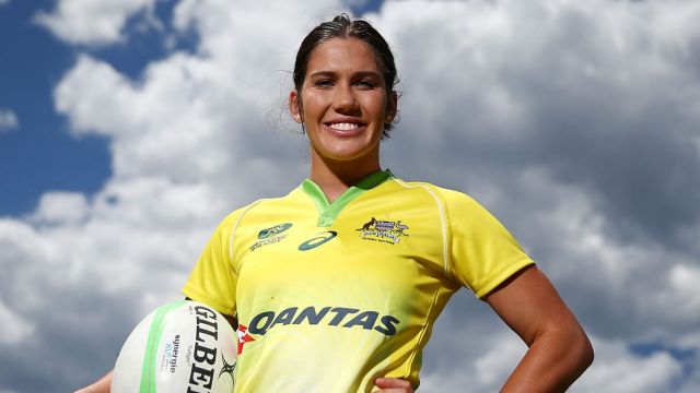 Best in the world: Charlotte Caslick poses during the Australian Sevens Rugby Jersey launch on Monday.