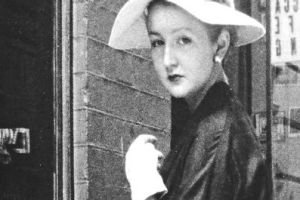 Annette Fielding-Jones, a Herald staff reporter, outside French milliner Henriette Lamotte's salon in Rowe Street, ...