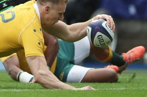 Reece Hodge scores Australia's first try against Scotland.