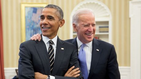 President Barack Obama jokes Vice President Joe Biden in the Oval Office on February 9, 2015.