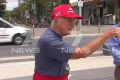 A schoolies week media conference was hijacked by a man complaining about the beach being fenced off.