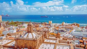 Aerial view over the old town and waterfront of Las Palmas, Spain.