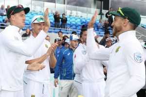 South Africa celebrates after defeating Australia during day four of the Second Test match.