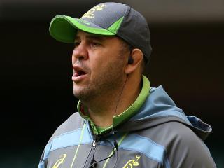 Australia's coach Michael Cheika looks on as Australian players train at the Principality stadium in Cardiff on November 4, 2016 on the eve of their international match against Wales. The two teams will compete for the James Bevan Trophy, which was created in 2007 to celebrate 100 years of rugby between Wales and Australia. / AFP PHOTO / GEOFF CADDICK