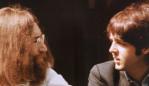 1969 : Singers John Lennon (L) & Paul McCartney from band "The Beatles" talk during photo session for cover of their Abbey Road album in 1969 photo by Paul's wife Linda. Beatles/Band Historical Lennon/Singer McCartney/Singer