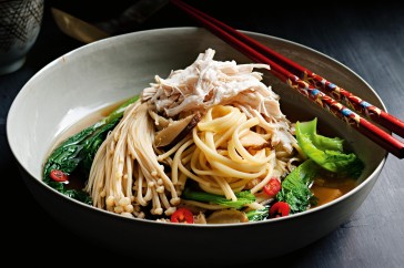 Sake-poached chicken with soba noodles