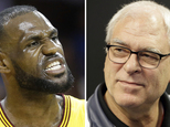 FILE - At left, in a May 12, 2015, file photo, Cleveland Cavaliers forward LeBron James reacts during the first half of Game 5 in a second-round NBA basketball playoff series against the Chicago Bulls, in Cleveland. At right, in a Feb. 8, 2016, file photo, New York Knicks president Phil Jackson speaks to reporters during a news conference in Greenburgh, N.Y. LeBron James says he has lost respect for Phil Jackson after the famed NBA coach used the word ¿posse¿ to describe the Cleveland star¿s business partners. James responded harshly on Tuesday, Nov. 15, 2016, to Jackson¿s use of the term in a recent interview. (AP Photo/File)