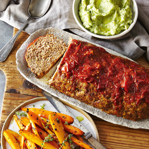 Meatloaf with Maple Tomato Glaze and Broccoli Mash