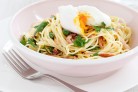 Creamy bacon spaghetti with poached...
