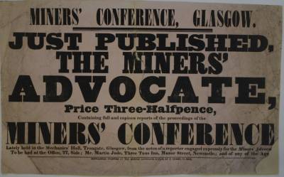 Poster advertising The Miners Advocate and a Glasgow miners conference