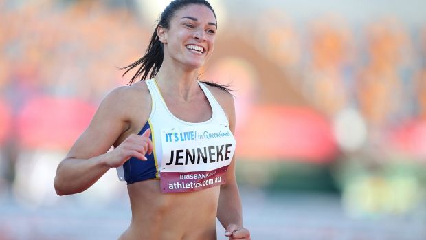 Michelle Jenneke celebrates after coming second in the women's 100m hurdles.