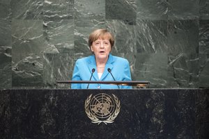 Angela Merkel, Chancellor of Germany, addresses the United Nations summit for the adoption of the post-2015 development agenda