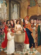 painting of Clovis I conversion to Catholicism in 498, a king being baptized in a tub in a cathedral surrounded by bishop and monks