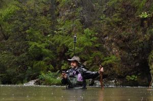 Christian Taylor at the Yarra River at McMahons creek, East of Warburton. Christian is taking 360 degree pictures of the ...