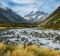 River and mountain landscape in Mount Cook National Park.