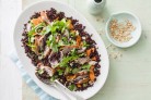 Barbecue duck salad with pickled vegetable salad and black rice