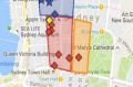 A map showing the recent legionnaires' disease outbreaks in Sydney.