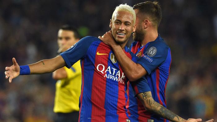 Barcelona's Brazilian forward Neymar celebrates a goal during the UEFA Champions League football match FC Barcelona vs Celtic FC at the Camp Nou stadium in Barcelona on September 13, 2016. / AFP PHOTO / LLUIS GENE