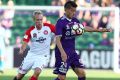 Mitch Nichols puts pressure on Milan Smiljanic of Perth Glory during their round five A-League match.