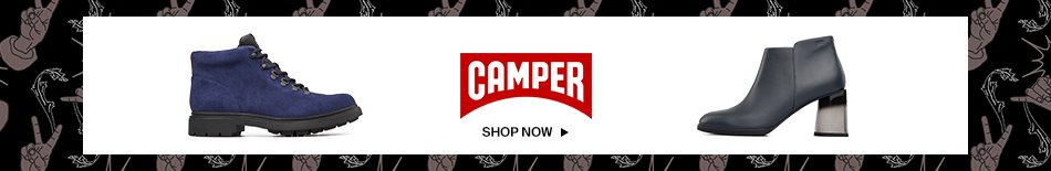 CoOp-Camper-11-17-16 Camper Shop Now. Image of a blue camper workboot and black camper ankle bootie.