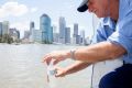 Healthy Waterways' Mark Davidson collects a sample on the Brisbane River.