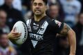 Try time: Shaun Johnson races away to score during the Kiwi's victory over England.