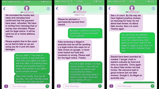 The text message war of words between Stack’d and a customer.