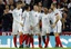 England players celebrate after Jamie Vardy, center, scored their second goal during the international friendly soccer match between England and Spain at Wembley stadium in London