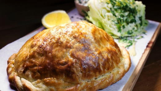 Mulloway fish pasty with sauce tartare and iceberg lettuce at a Peel St cafe.