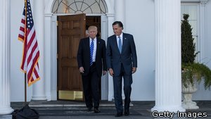 Donald Trump and Mitt Romney leave the clubhouse after their meeting at Trump International Golf Club