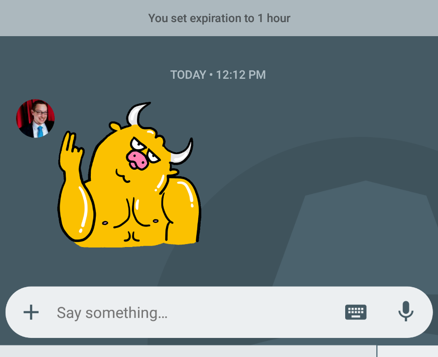 A Google Allo user shares a sticker after setting messages to self-destruct in one hour.