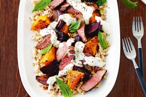 Lamb and roasted vegetable salad with tahini dressing