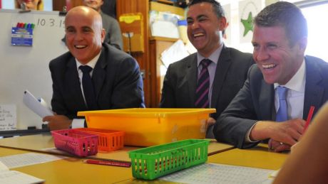 Education Minister Adrian Piccoli, Skills Minister John Barilaro (centre) and NSW Premier Mike Baird.