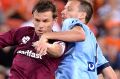 Full-blooded affair: Brett Holman and Alexander Wilkinson tussle at Suncorp.