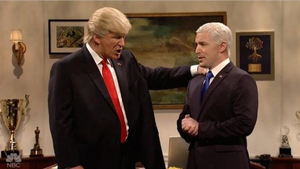 A very worried Donald Trump (Alec Baldwin) will leave everything to an unflustered Mike Pence (Beck Bennett) on Saturday ...