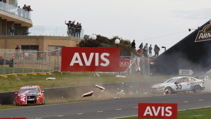 In a supplied image acquired Sunday, Oct. 9, 2016 shows Tander, Mclaughlin crash the Supercheap Auto Bathurst 1000, at the Mount Panorama Circuit, Bathurst, New South Wales, October 09, 2016. (AAP Image/Edge Photographics) NO ARCHIVING, EDITORIAL USE ONLY