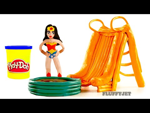 GIANT WATER SLIDE Wonder Woman Fun Inflatable Kids Toys Marvel Thor SuperHeroes PLAY DOH Stop Motion