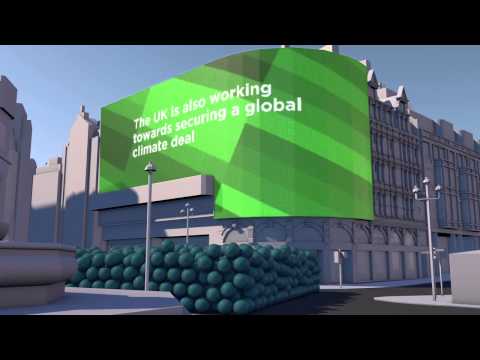 Animation showing the UK's greenhouse gas emissions reduction target using to scale carbon spheres.