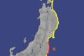 A tsunami warning has been issued for the area of coastline marked in red; the area of coastline in yellow has been ...