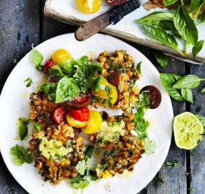 Corn fritters with jalapeno butter and heirloom tomato salsa.