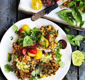 Corn fritters with jalapeno butter and heirloom tomato salsa.